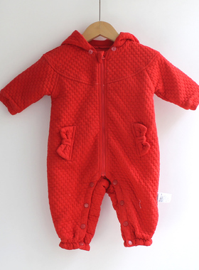 秋冬保暖夹棉婴幼儿连身衣连帽可拆外出连体棉衣女宝宝拜年服A506