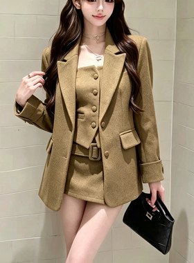 MZ冬新款新国标90白鸭绒羽绒西装三件套女毛呢外套背心短裙裤套装