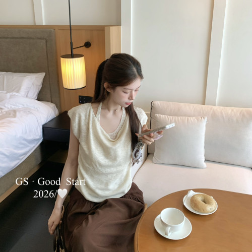 GS夏上新韩系宽松休闲百搭纯色假两件显瘦荡领短袖针织衫女上衣