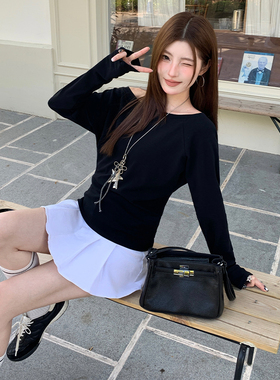 MS2026SEOUL韩系纯欲风高级时尚感纯色斜肩T恤女长袖上衣实拍新款