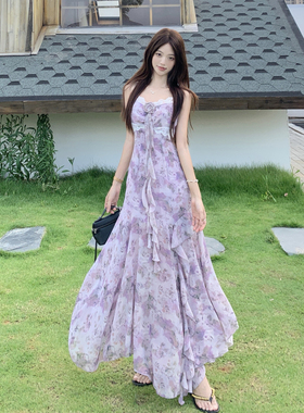 实拍~海边度假紫色碎花吊带裙大码连衣裙女独特漂亮沙滩雪纺长裙
