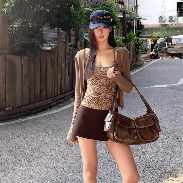 YJ秋新款复古豹纹吊带三件套女休闲防晒开衫开叉半身短裙显瘦套装