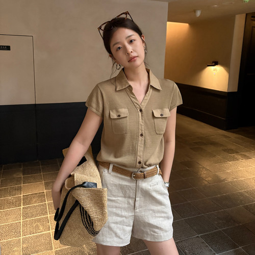 THX夏新款韩系双盖袋老钱风通勤百搭短袖薄款翻领针织小衫女上衣