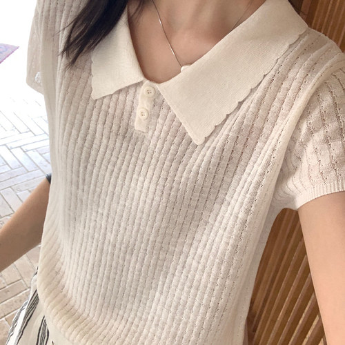 THX夏新款韩系马卡龙亚麻混纺通勤轻薄透气翻领短袖针织衫女上衣