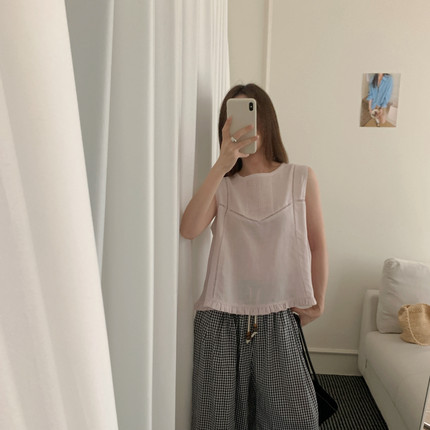 SUYAR韩系夏新款老钱风苎麻天丝后系带休闲无袖背心女上衣小衫