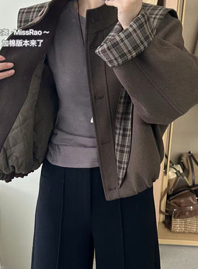 XR冬新款毛呢加棉短外套女复古拼接格纹连帽夹克加厚小个子棉服