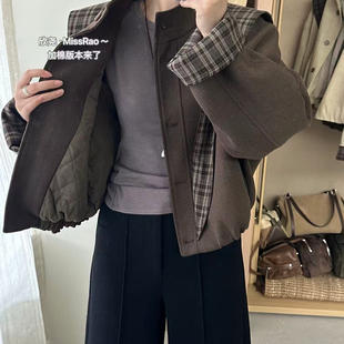 XR冬新款毛呢加棉短外套女复古拼接格纹连帽夹克加厚小个子棉服