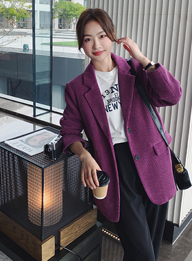 紫色灯芯绒西装外套女2026新款秋冬小个子复古宽松休闲咖色小西服