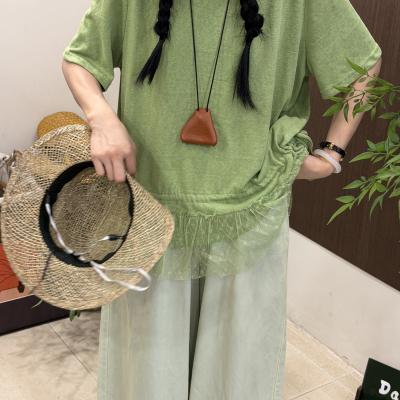 Da7夏上新实拍大码日系宽松休闲抽绳蕾丝拼接下摆百搭短袖T恤女
