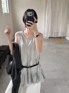 THX夏新款韩系老钱风纯苎麻宽松荷叶边裙式无袖衬衫女上衣小衫