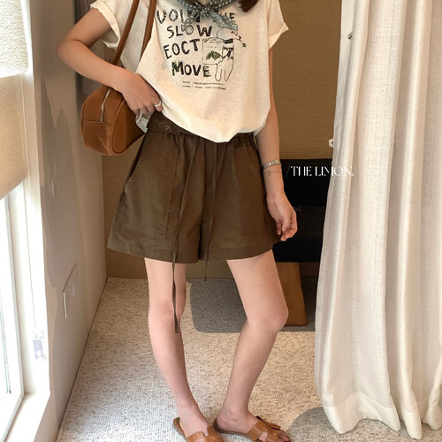TL夏新款韩系宽松老钱风遮肉显腿长荷叶边裤腰抽绳全棉女休闲短裤