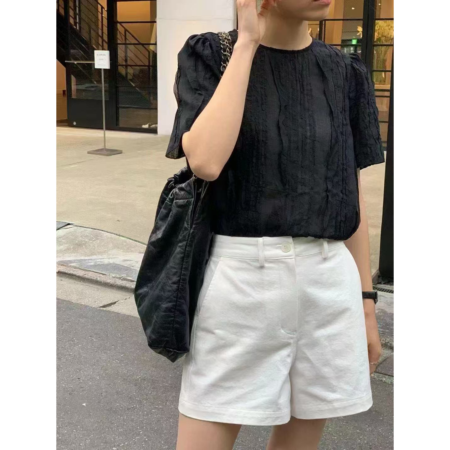 圆领荷叶边短袖雪纺衫女夏季褶皱肌理感短款上衣韩系温柔小众衬衫