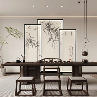 三屏新中式丝绢屏风玄关茶室卧室办公室酒店会所餐厅沙发背景形象