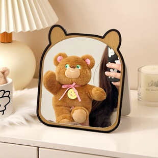 可爱小熊造型化妆镜便携随身镜子少女学生宿舍桌面木质台式梳妆镜