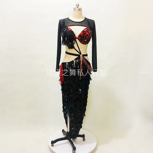 肚皮舞演出服鼓舞表演服简版套装肩袖黑色红色撞色原创定制设计