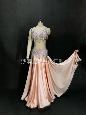 肚皮舞演出服杏粉色套装表演服大摆开衩紫色重工沙漠之舞定制