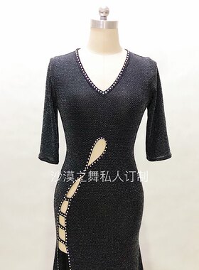 肚皮舞练功练习服连身裙鱼尾烫钻中袖沙漠之舞定制黑色亮丝裙子