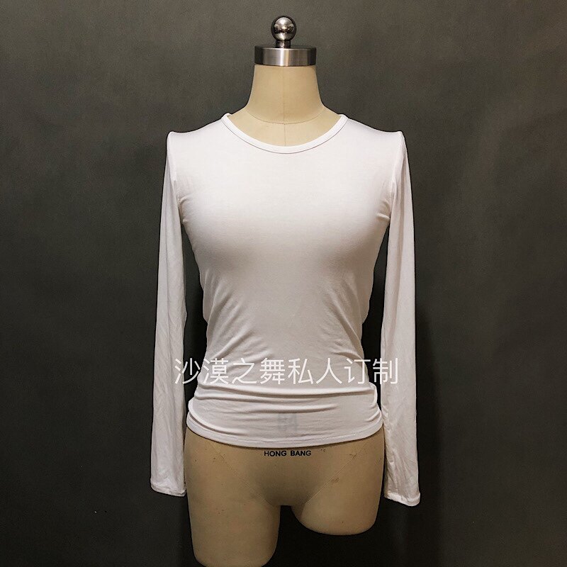 肚皮舞基础款长袖长上衣练功服练习服小圆领白色莫代尔定制定做