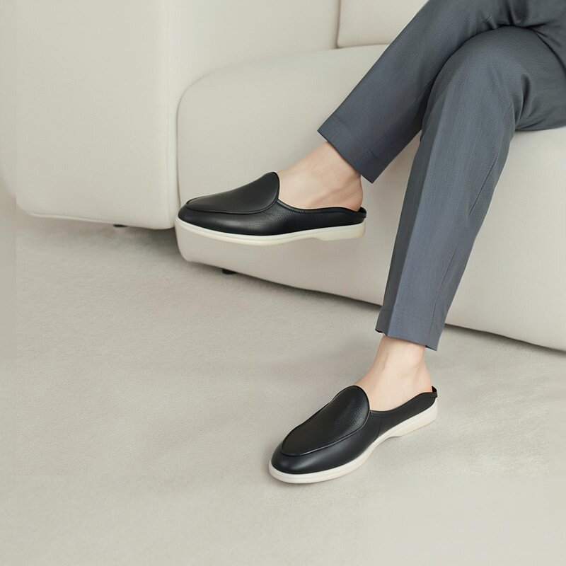 夏季新款欧美风进口黑色纳帕纹牛皮穆勒拖鞋男白色防滑底懒人拖鞋