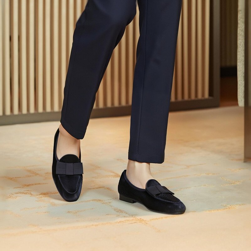 意大利进口垂感光泽丝绒男士便鞋手工定制蝴蝶结潮流一脚蹬乐福鞋