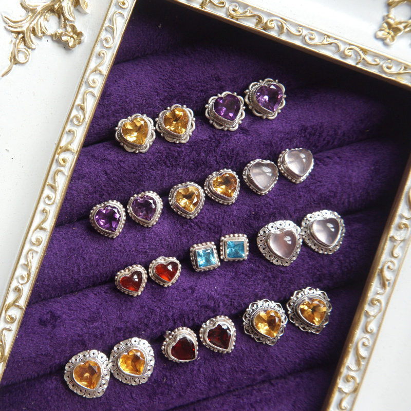 爱心耳钉天然石水晶纯银耳饰紫红色黄桃心可爱尼泊尔手工防过敏