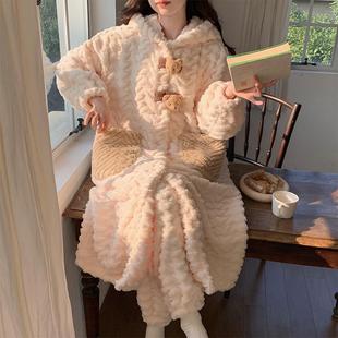睡袍女款2025新款珊瑚绒秋冬加绒加厚法兰绒中长款连帽浴袍家居服