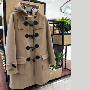 高端英伦风牛角扣大衣女冬中长款 羊绒加厚连帽学院风纯羊毛呢外套