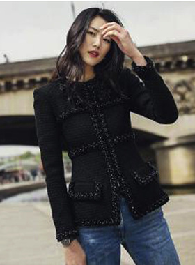 刘雯林允明星同款小香风羊毛粗花呢圆领修身高定轻奢黑色短外套女