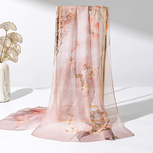 上海故事丝巾女2026新款 百搭真丝纱巾长条粉色100%桑蚕丝围巾 时尚