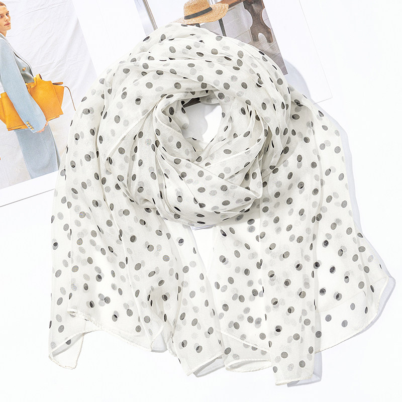 夏季薄款丝巾桑蚕丝白色波点长条丝巾女夏季真丝系脖披肩