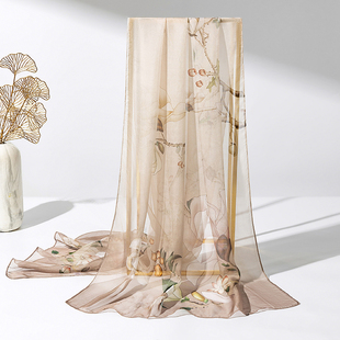 丝巾女围巾长条窄薄款中年妈妈护颈椎夏季防晒真丝纱巾