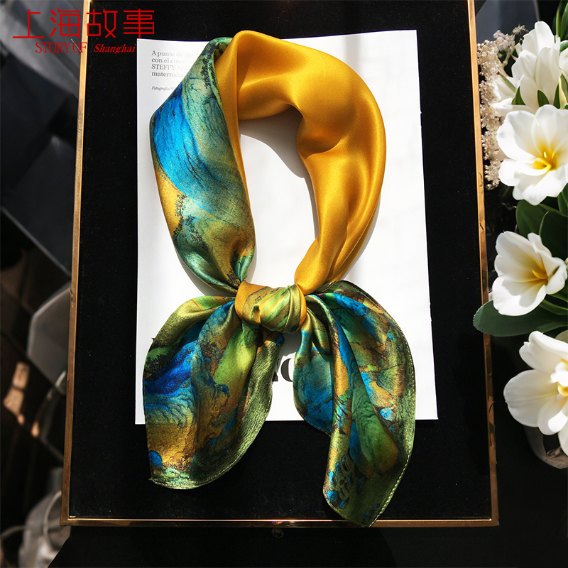 上海故事千里江山图真丝丝巾黄色桑蚕丝方巾女冬季护颈围脖子围巾