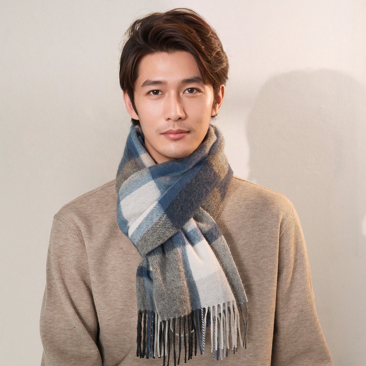 上海故事格子羊毛围巾灰色男冬季保暖情侣围脖礼盒送老公爸爸礼物