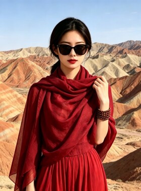 上海故事酒红色丝巾披肩女夏季防晒外搭斗篷西北丹霞沙漠旅拍纱巾