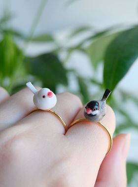 Quinta手作  白文鸟十姐妹鸟戒指可调节戒指圈2023新品