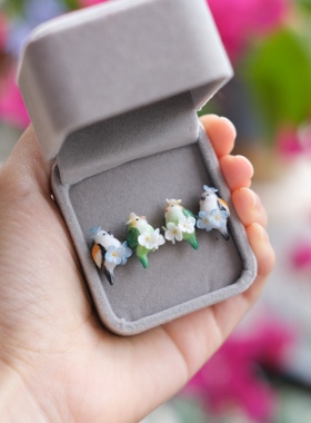 Quinta手作 花朵小鸟肥啾925银耳钉绿金顶牡丹鹦鹉小众设计感耳饰