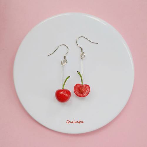 quinta手作cherry樱桃仿真银耳环