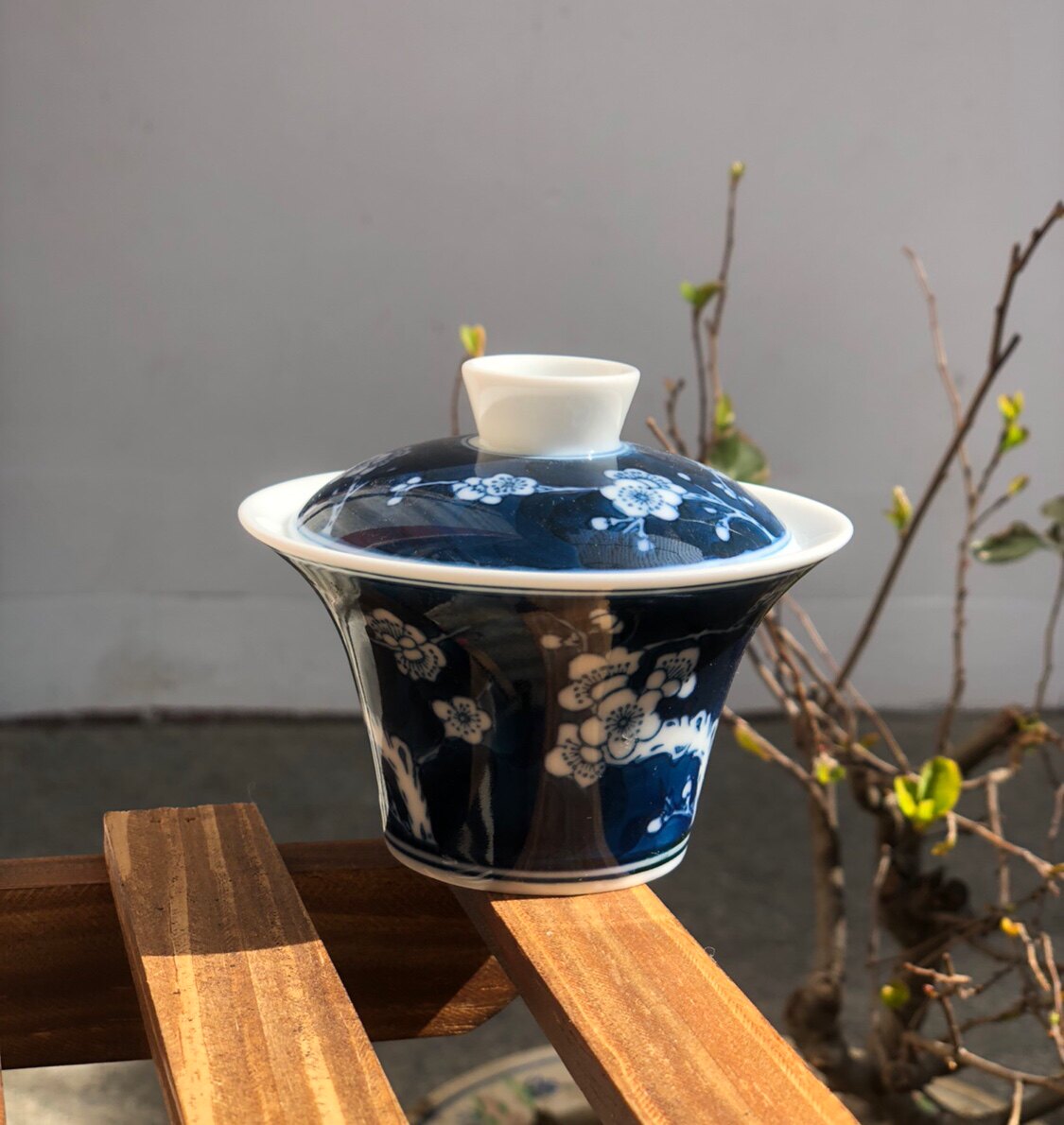 潮州工夫茶纯手绘青花瓷国釉下彩梅花枫溪窑九十年代冰梅天地盖碗