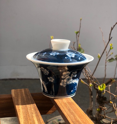 潮州工夫茶纯手绘青花瓷国釉下彩梅花枫溪窑九十年代冰梅天地盖碗