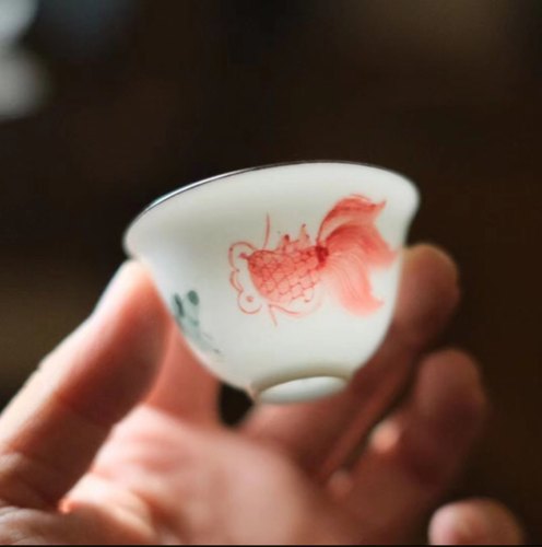 七十年代若深珍藏潮州窑纯手绘金鱼铃铛杯功夫茶杯老瓷茶杯潮汕杯