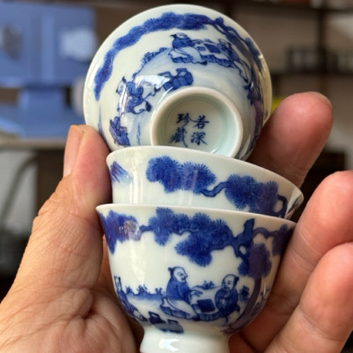 景德镇全手工手拉胚利胚手绘青花若深珍藏品茗杯功夫茶杯影青釉杯