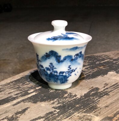 潮汕功夫茶八九十年代库存手绘青花瓷若深珍藏潮州枫溪窑天地盖碗