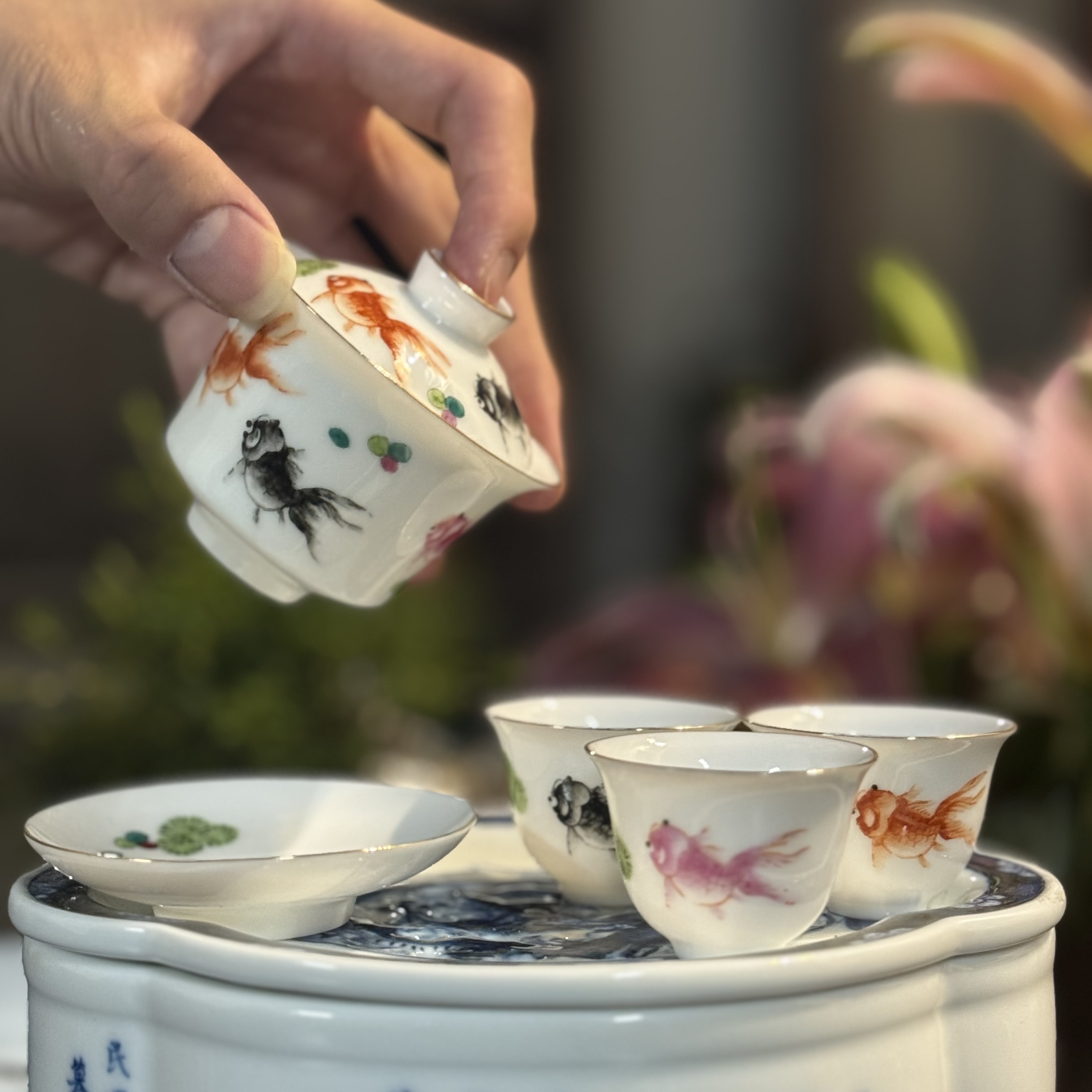 香港茶庄定制三色鱼正原装潮州枫溪龙窑釉上彩纯手绘功夫茶套装