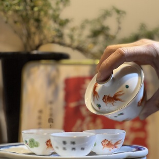 八十年代祥兴茶行定制老手绘金鱼蛋壳杯盖碗潮汕功夫茶具手绘套装