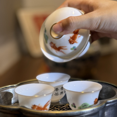 八十年代祥兴茶行出品老瓷器手绘金鱼杯盖碗潮汕功夫茶具手绘套装