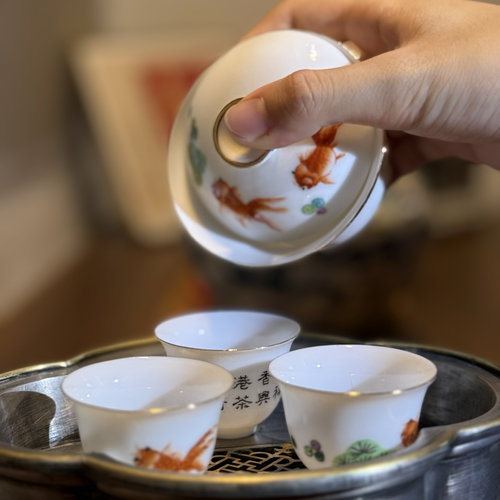 八十年代祥兴茶行出品老瓷器手绘金鱼杯盖碗潮汕功夫茶具手绘套装