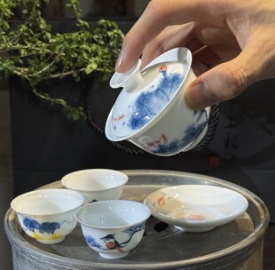 手绘荷塘月色元宝盖碗杯羊脂玉茶具茶器釉下彩薄胎茶具功夫茶套装