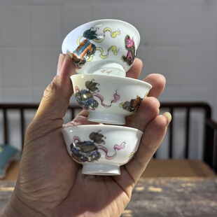 台湾定制景德镇玩玉款纯手工粉彩高温釉上彩三狮子纯手绘功夫茶杯