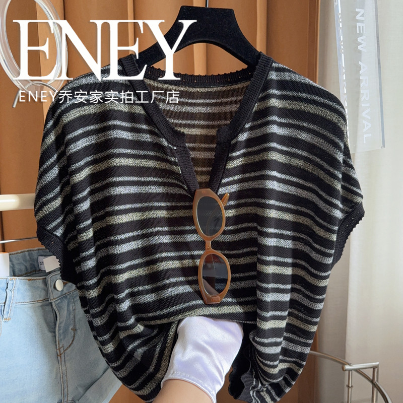 气质蝙蝠针织上衣ENEY夏季新款条纹V领针织T恤设计感遮肚子显瘦,女装/女士精品,T恤,淘宝优惠券,粉丝福利购,淘宝优惠卷