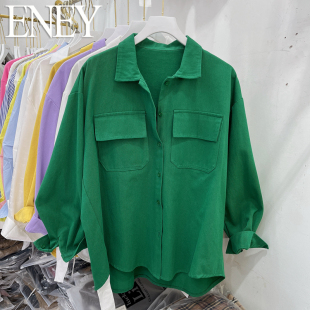 2022春秋冬新款 简约宽松大码 潮上衣 女长袖 欧货绿色大口袋牛仔衬衫
